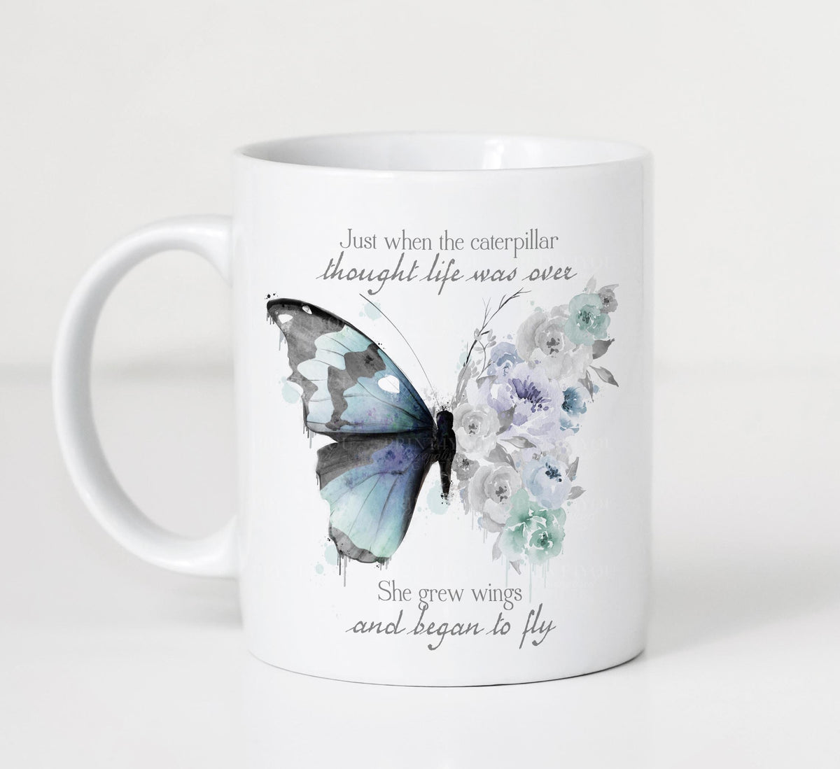 Personalised purple and blue floral butterfly motivational mug with custom name