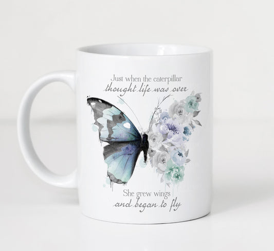 Personalised purple and blue floral butterfly motivational mug with custom name