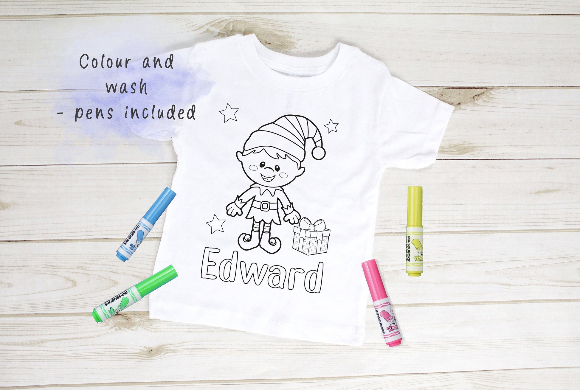 Personalised Christmas Boy Elf Colour In activity Kids T – shirt – with washable pens – stocking fillers, Christmas Eve Box, Gift from Elf - 1-2 yrs