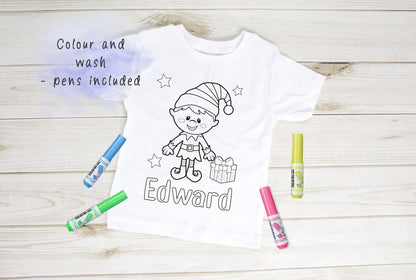 Personalised Christmas Boy Elf Colour In activity Kids T – shirt – with washable pens – stocking fillers, Christmas Eve Box, Gift from Elf - 1-2 yrs