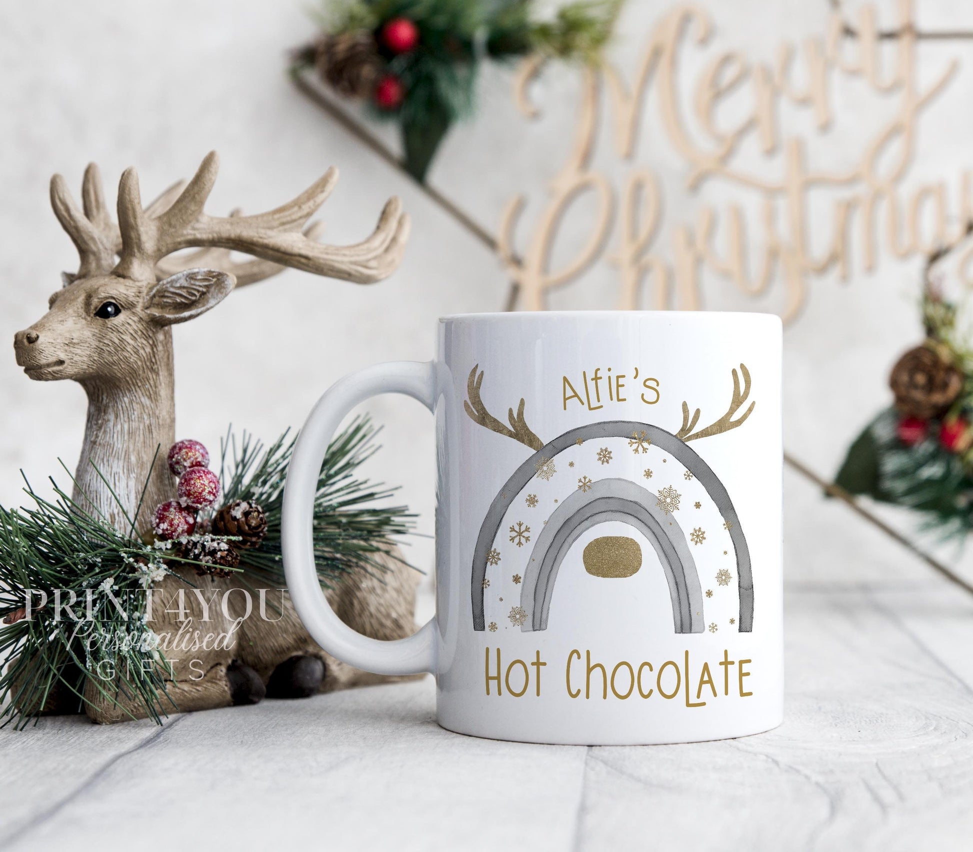 Personalised Reindeer Initial Christmas mug with silver and gold antler and snowflake design, printed with a custom initial