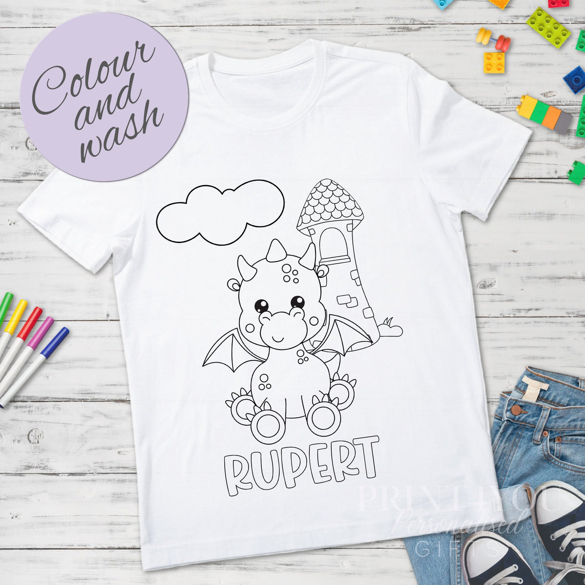 Personalised dragon and castle colour-in t-shirt for kids, size 1-2 years, shown with washable pens