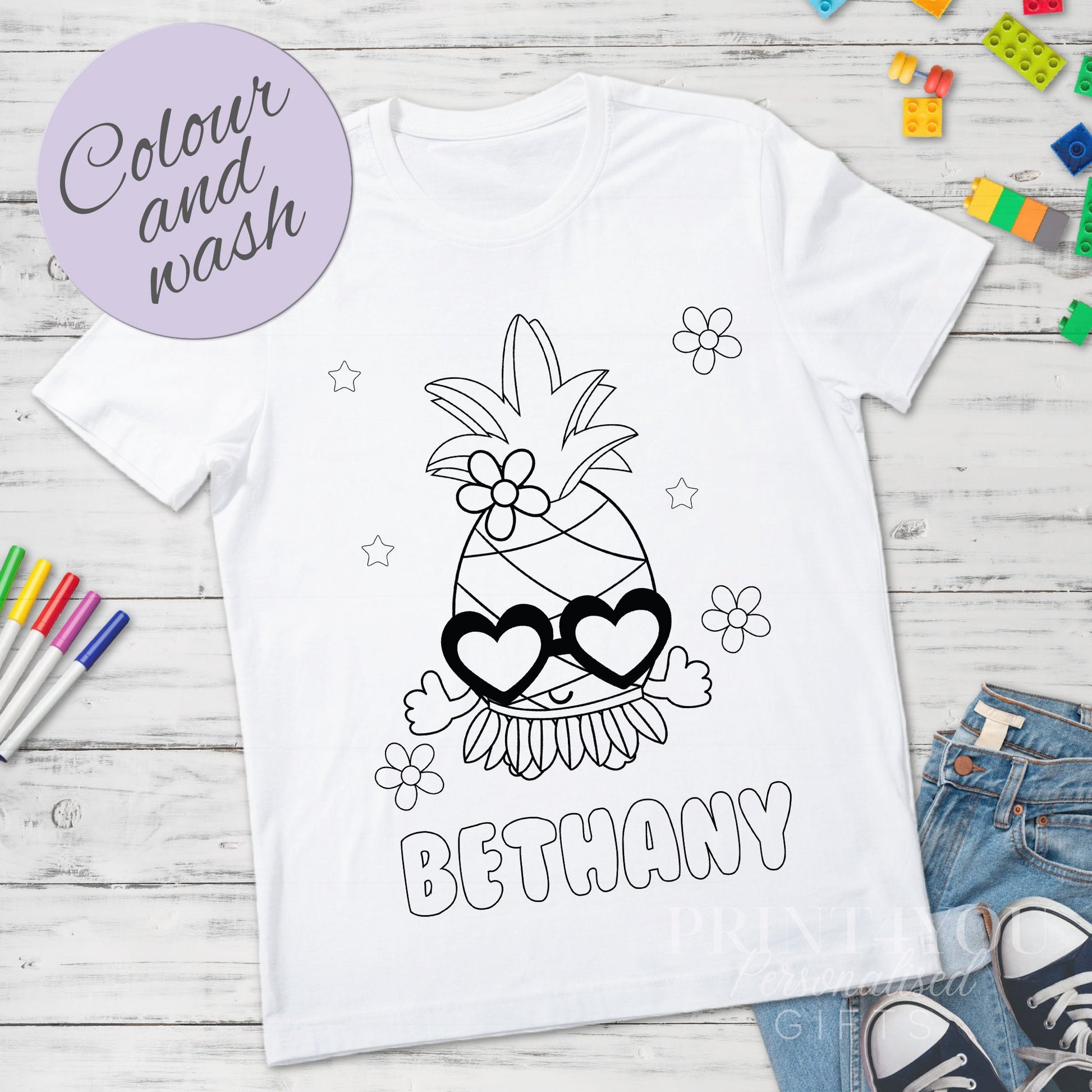 Personalised pineapple colour-in kids t-shirt with custom name, size 2-3 years