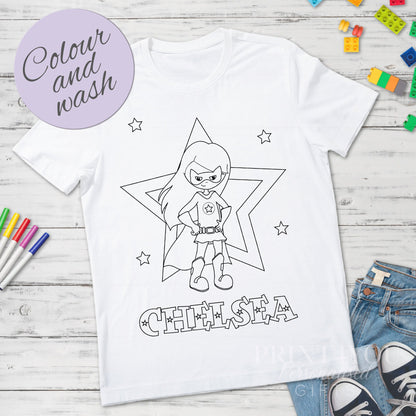 Super hero girl colour-in t-shirt with custom name printed on front, size 1-2 years