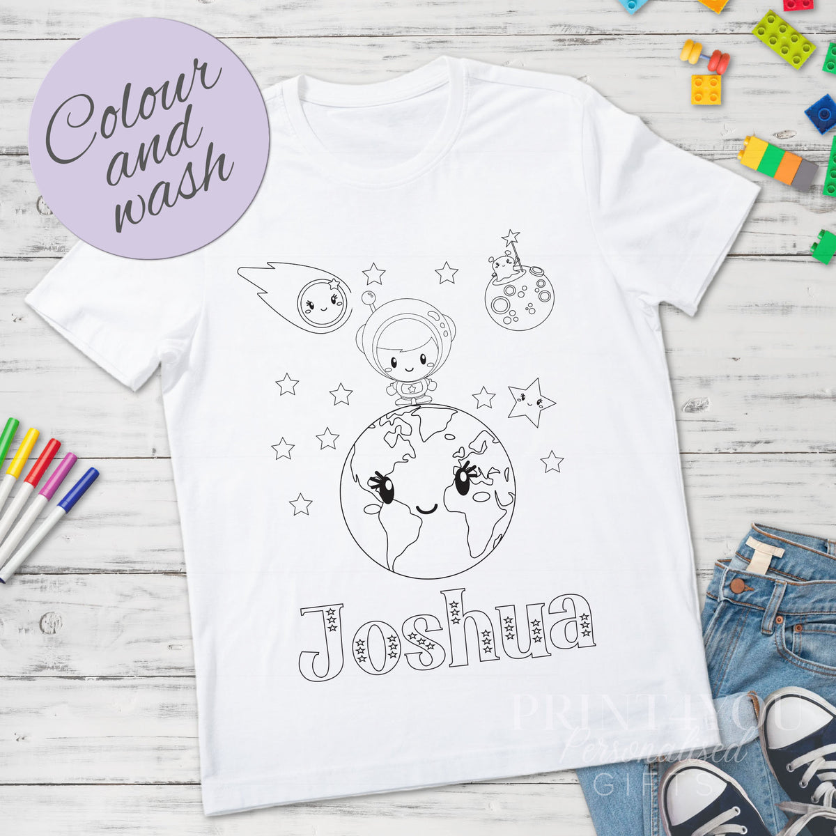 Personalised Space Solar System colour-in kids t-shirt with custom name, size 1-2 years, close-up of planets design