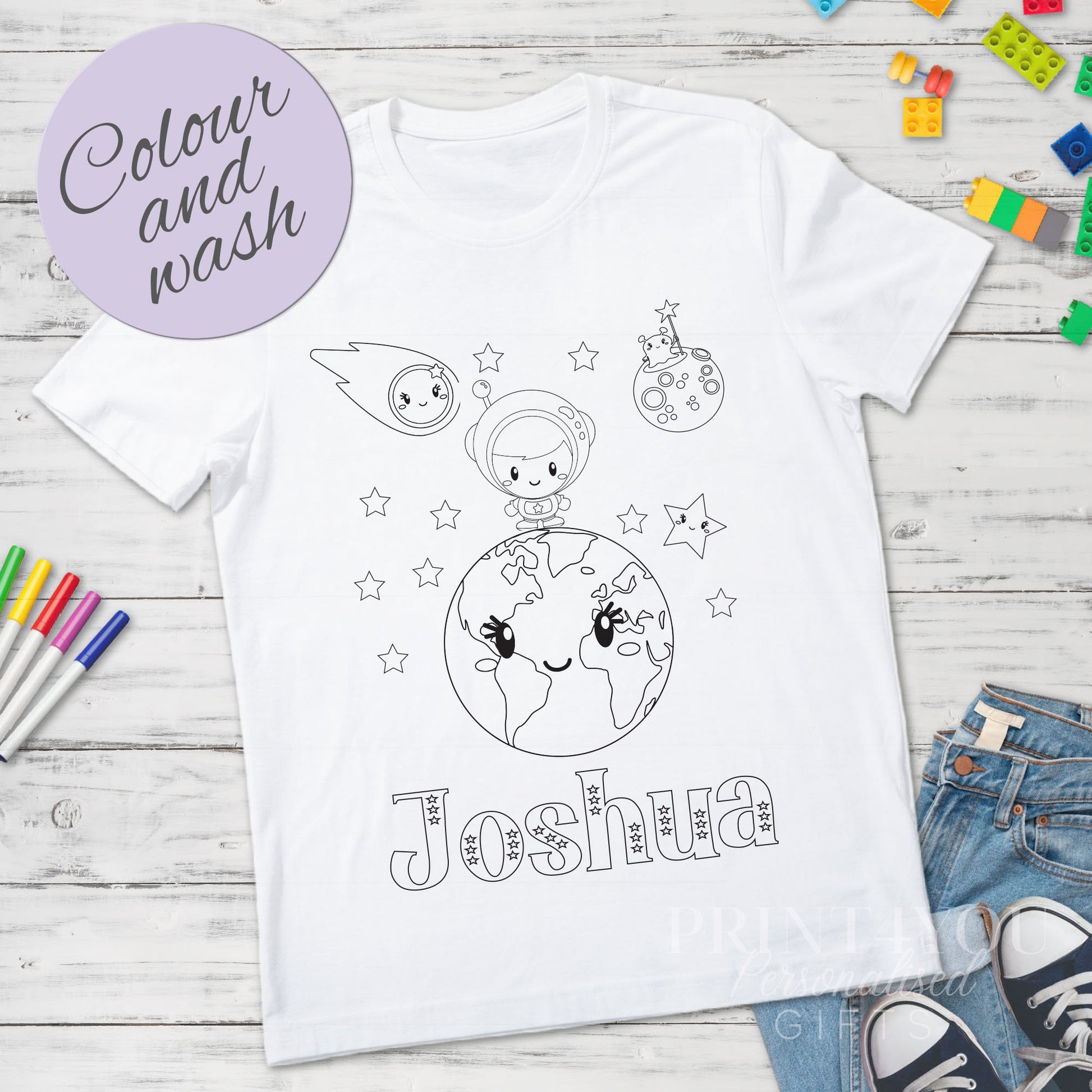 Personalised Space Solar System colour-in kids t-shirt with custom name, size 1-2 years, close-up of planets design