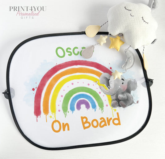 Personalised Children's Car Sun Shade Visor – Elephant Painted Rainbow, Baby on Board - image only