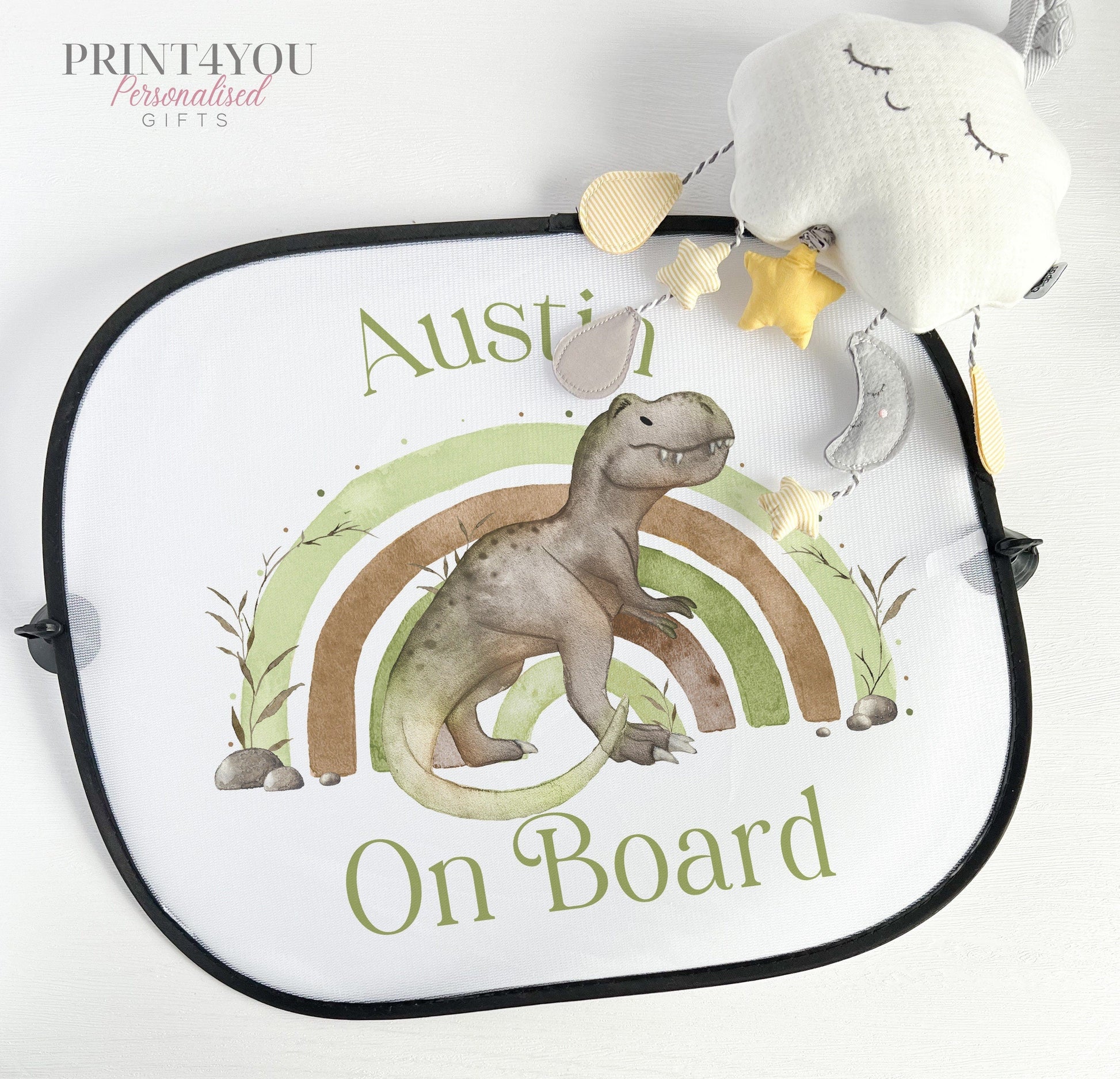 Green dinosaur rainbow car sun shade with baby on board design