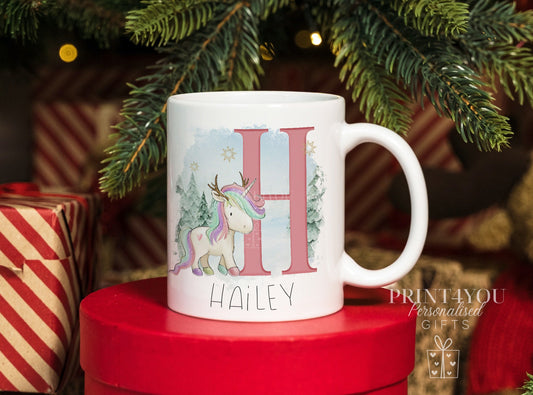 Personalised White Mug with Christmas Pink Unicorn Reindeer Alphabet Design - Plain White Mug