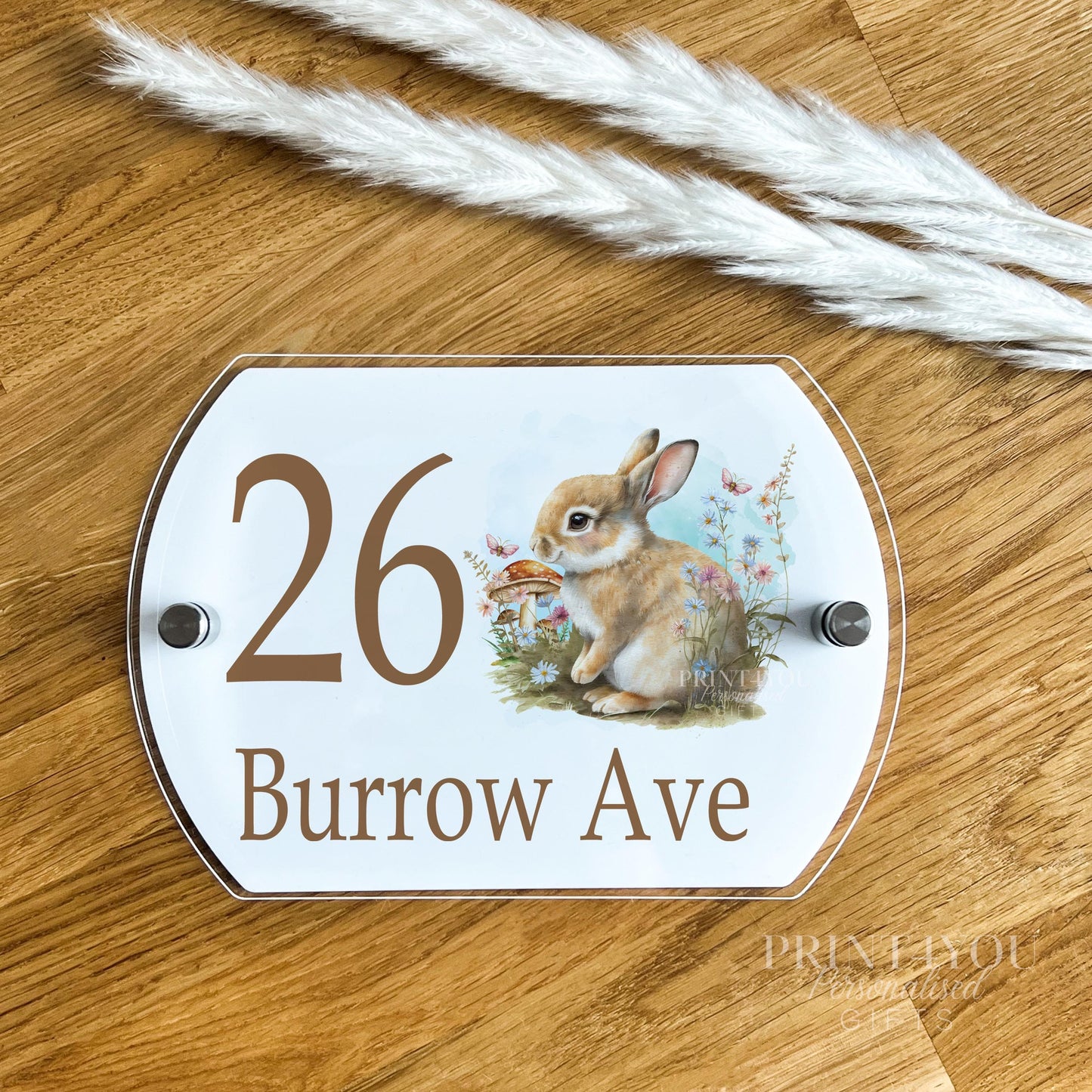 Personalised Acrylic External Door Number Plates Plaques Bunny Rabbit and Flowers - Full set