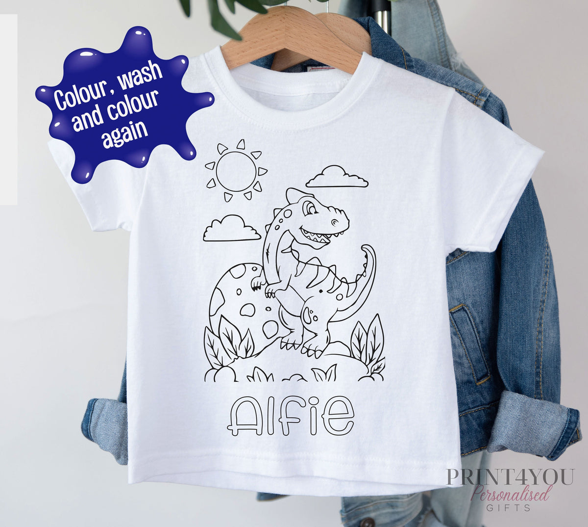 Close-up of the dinosaur colour-in outline design on the personalised kids t-shirt, size 1-2 years