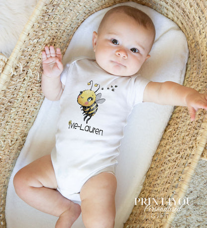 Personalised bumble bee vest printed with baby's name, front view