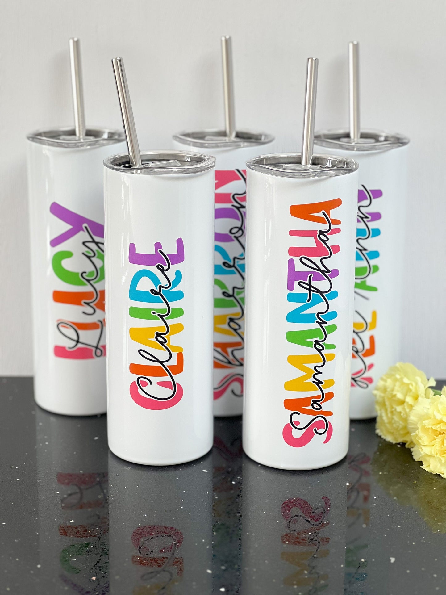 Personalised 20oz Insulated Tumbler – Colourful Rainbow Name