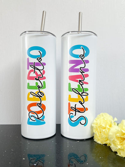 Personalised 20oz Insulated Tumbler – Colourful Rainbow Name