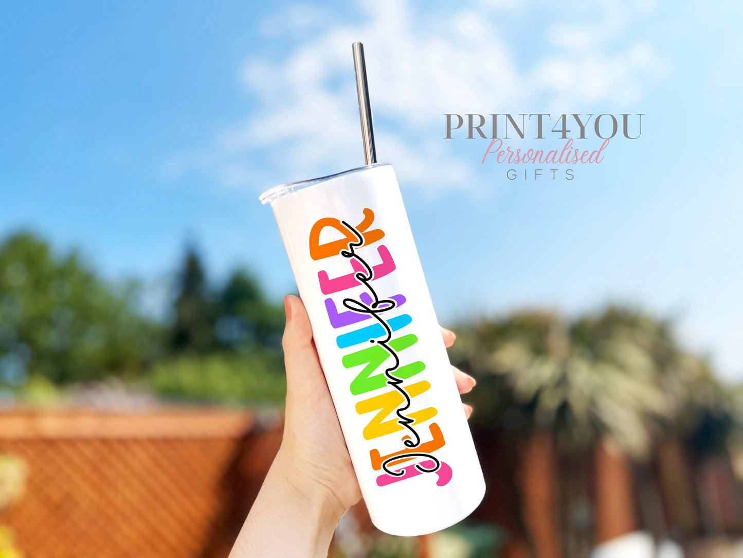 Personalised 20oz Insulated Tumbler – Colourful Rainbow Name