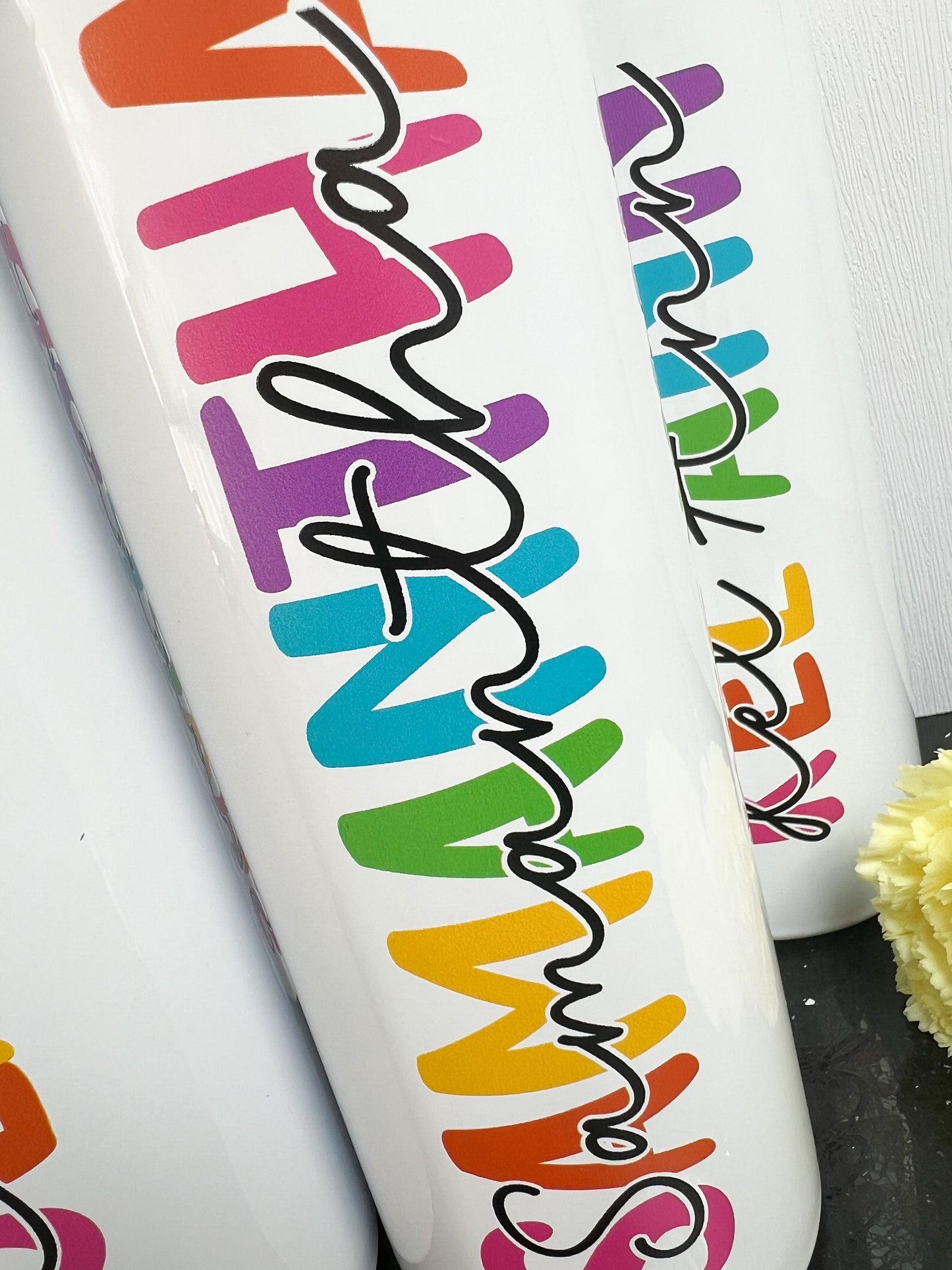 Personalised 20oz Insulated Tumbler – Colourful Rainbow Name
