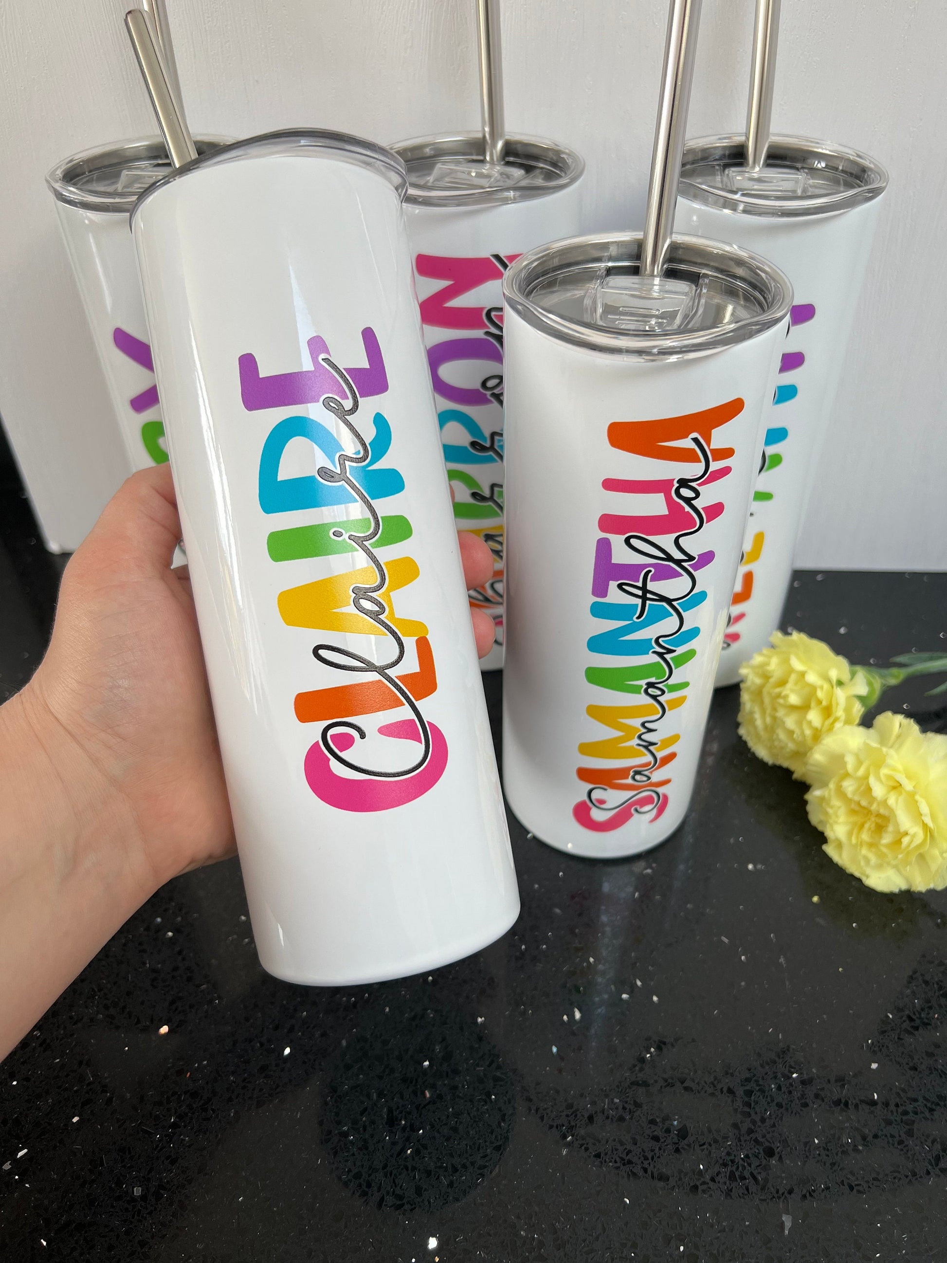 Personalised 20oz Insulated Tumbler – Colourful Rainbow Name