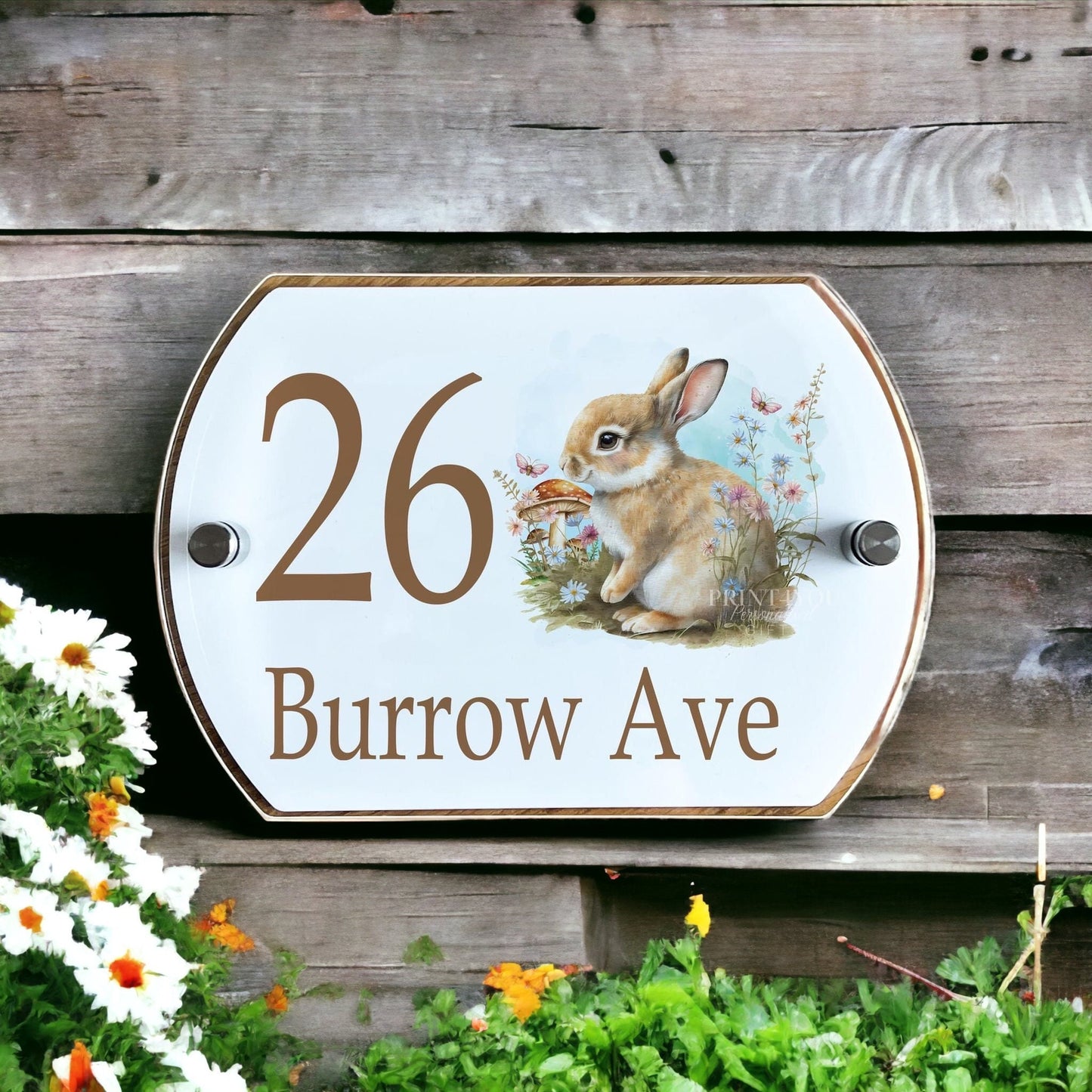 Personalised Acrylic External Door Number Plates Plaques Bunny Rabbit and Flowers - Backplate only