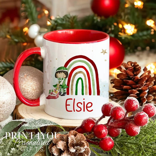 Red Trim Elf Girl and rainbow Personalised Christmas gift mug - Plain White Mug