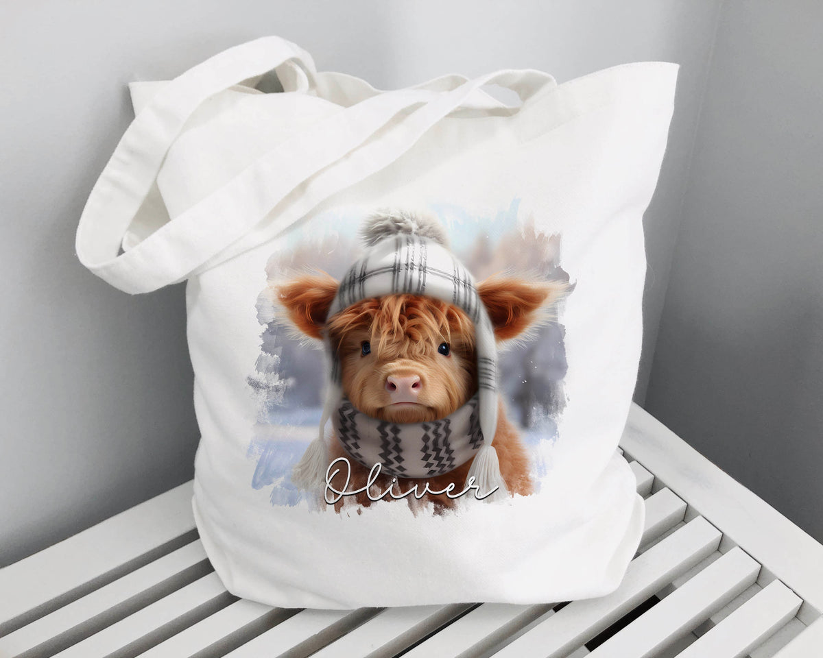 Personalised Highland Cow tote bag, white cotton shopper with printed cow design and custom name
