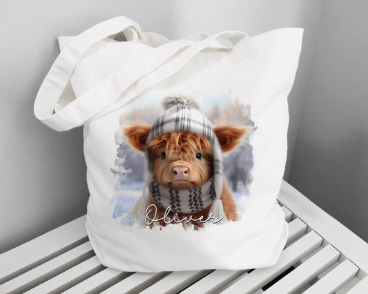 Personalised Highland Cow tote bag, white cotton shopper with printed cow design and custom name