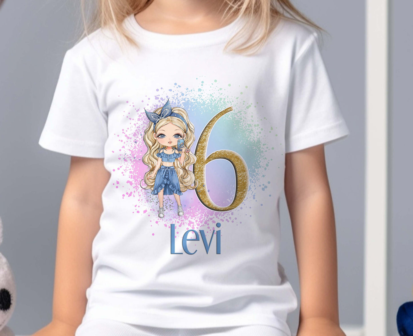 Personalised Girls Birthday T – Shirt – Fashion Doll, Gold Glitter Number – Soft Cotton Kids Tee - 6-12 months