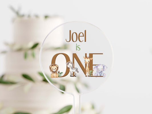 Personalised safari acrylic cake topper for first birthday, UV printed