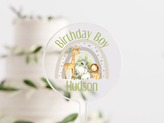 Personalised safari jungle rainbow acrylic cake topper with custom text