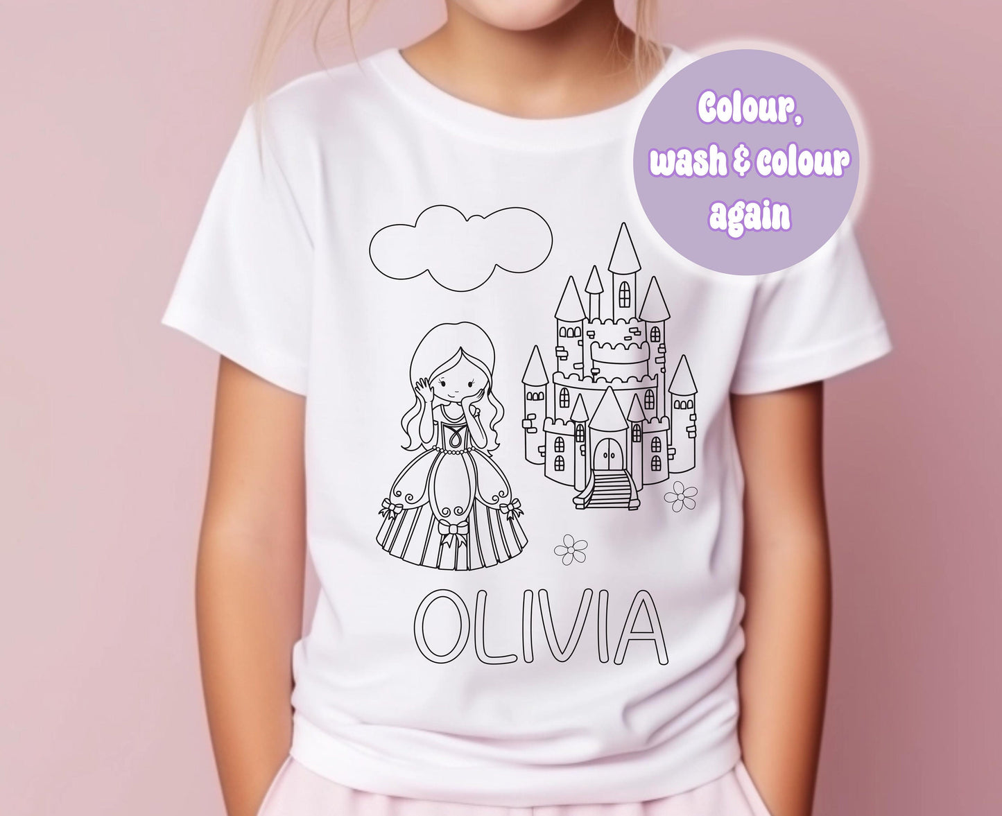 Personalised princess and castle colour-in activity T-shirt, close-up of design, 1-2 years