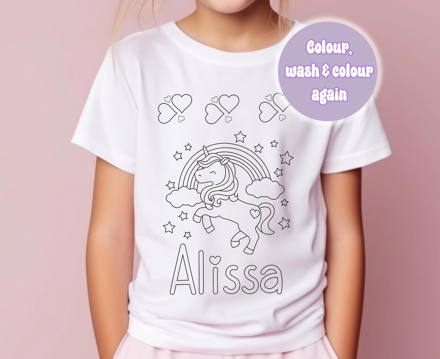 Personalised unicorn colour-in activity t-shirt design close-up, 1-2 years size