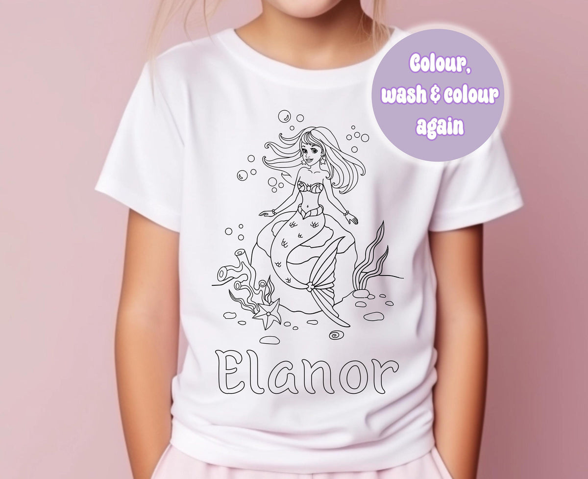 Close-up of the mermaid ocean-themed colour-in design on a personalised kids activity t-shirt