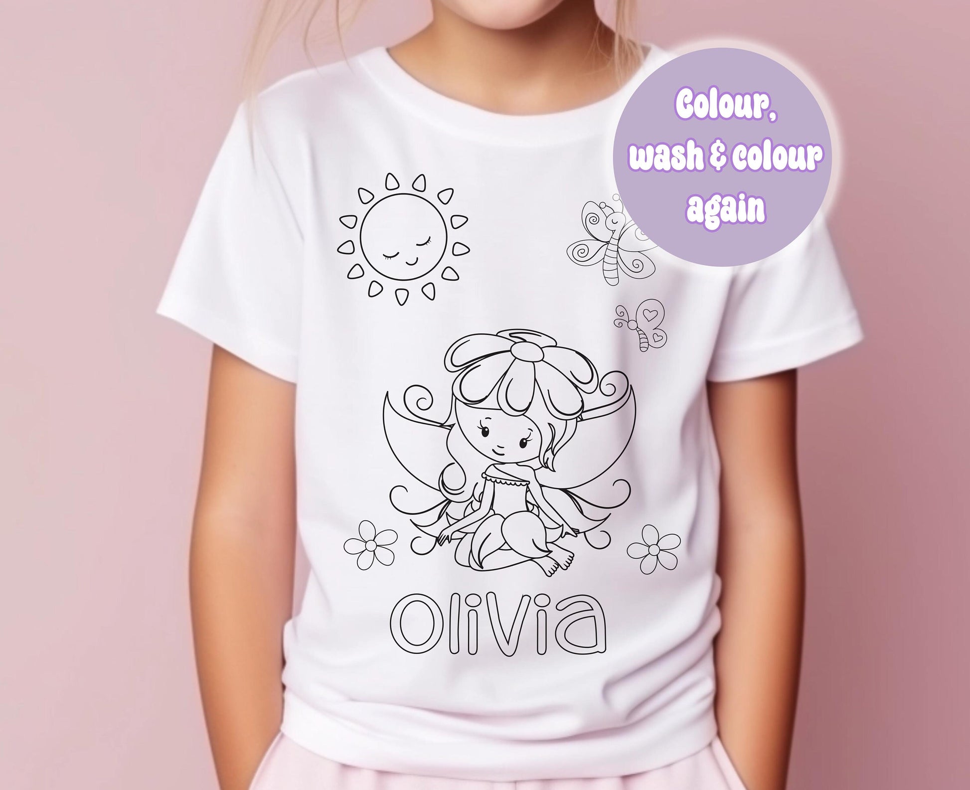 Personalised fairy colour-in kids t-shirt with washable pens, size 1-2 years, alternate view