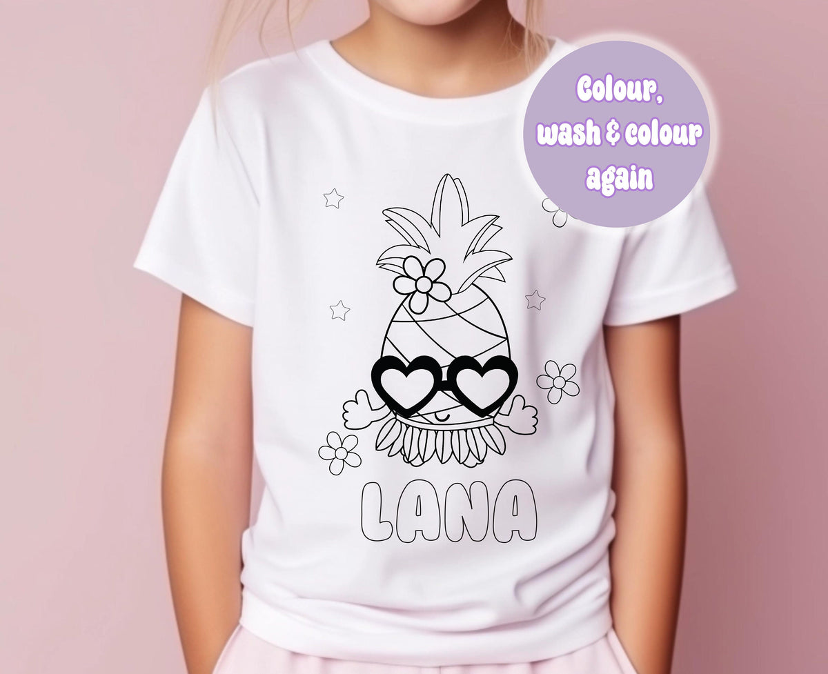 Personalised pineapple colour-in activity t-shirt shown with washable pens