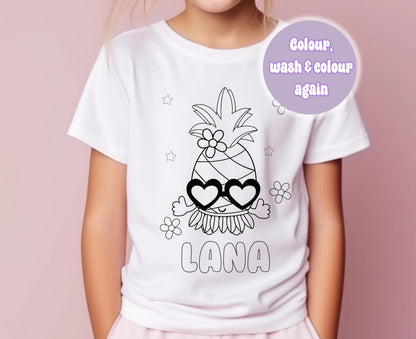 Personalised pineapple colour-in activity t-shirt shown with washable pens