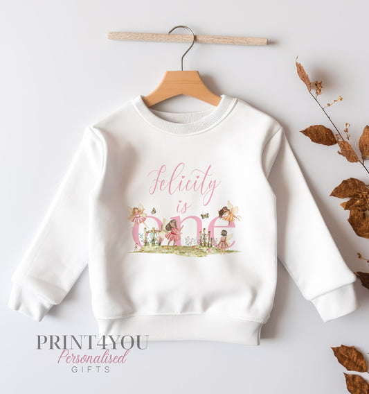 Personalised First Birthday Jumper, Birthday Sweatshirt for Children, I am One, Pink Fairies Fairy Jumper - 6-12  months