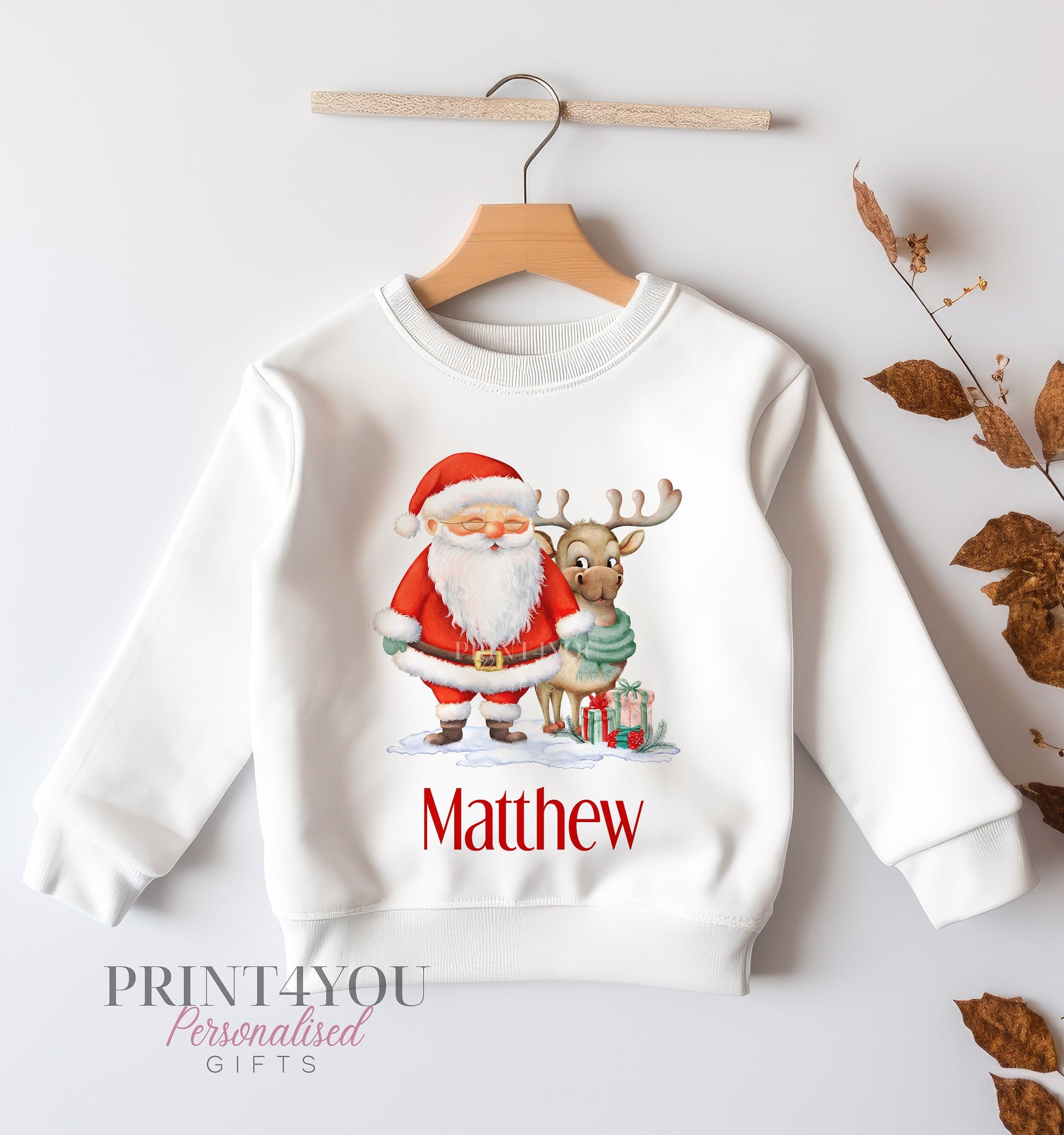 Personalised Christmas jumper, Santa and reindeer design, white cotton sweatshirt, size 6-12 months