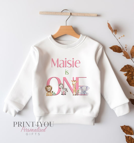 Personalised First Birthday Jumper, Birthday Sweatshirt for Children, I am One, Pink Jungle Safari Jumper - 6-12m SWEATSHIRT