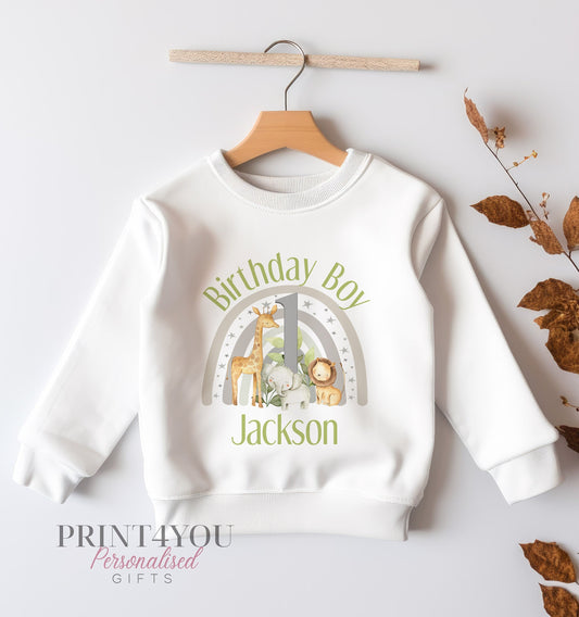 Personalised First Birthday Jumper, Birthday Sweatshirt for Children, I am One, Jungle Safari rainbow Jumper - 6-12m SWEATSHIRT