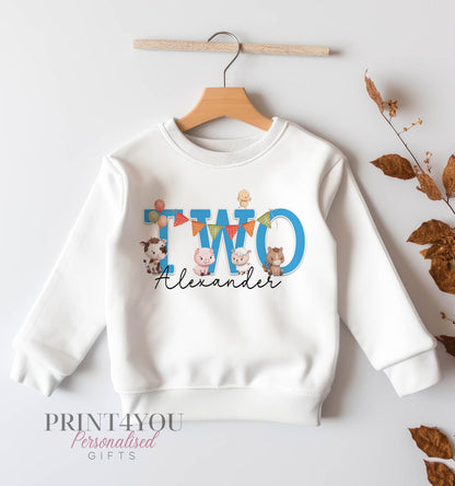 Personalised Second Birthday Jumper, Birthday Sweatshirt for Children, I am Two, Blue Farm Animals Number 2 Jumper - 6-12m SWEATSHIRT