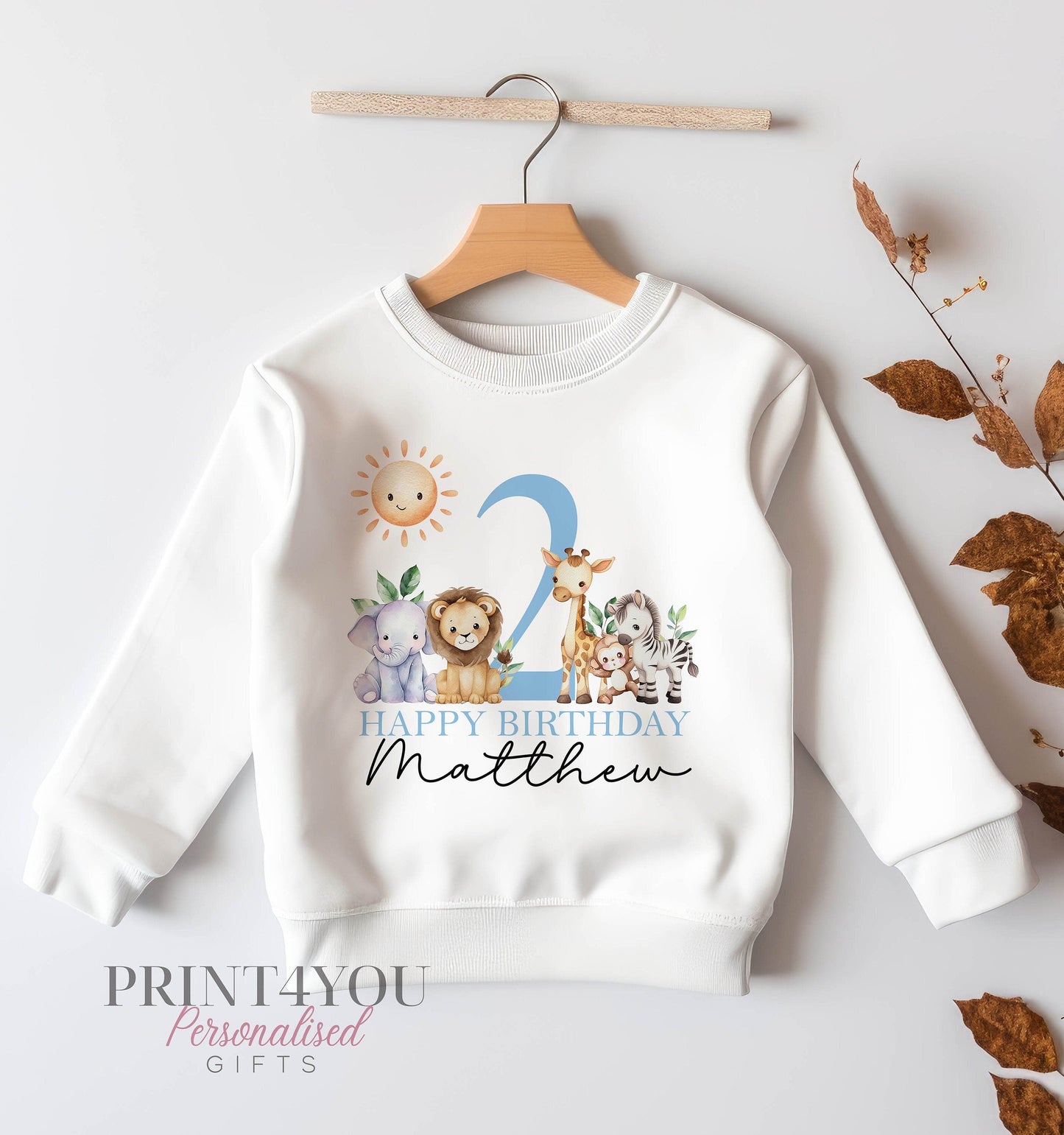 Blue safari themed sweatshirt for a 2nd birthday, personalised with a child's name and Number 2 design