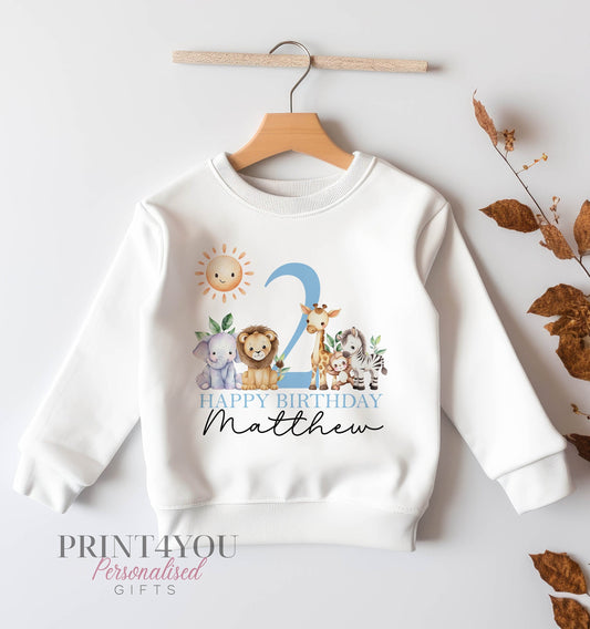 Personalised blue safari number 2 second birthday sweatshirt with custom printed name
