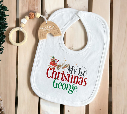 Personalised baby's first Christmas bib with Santa sleigh design and custom name