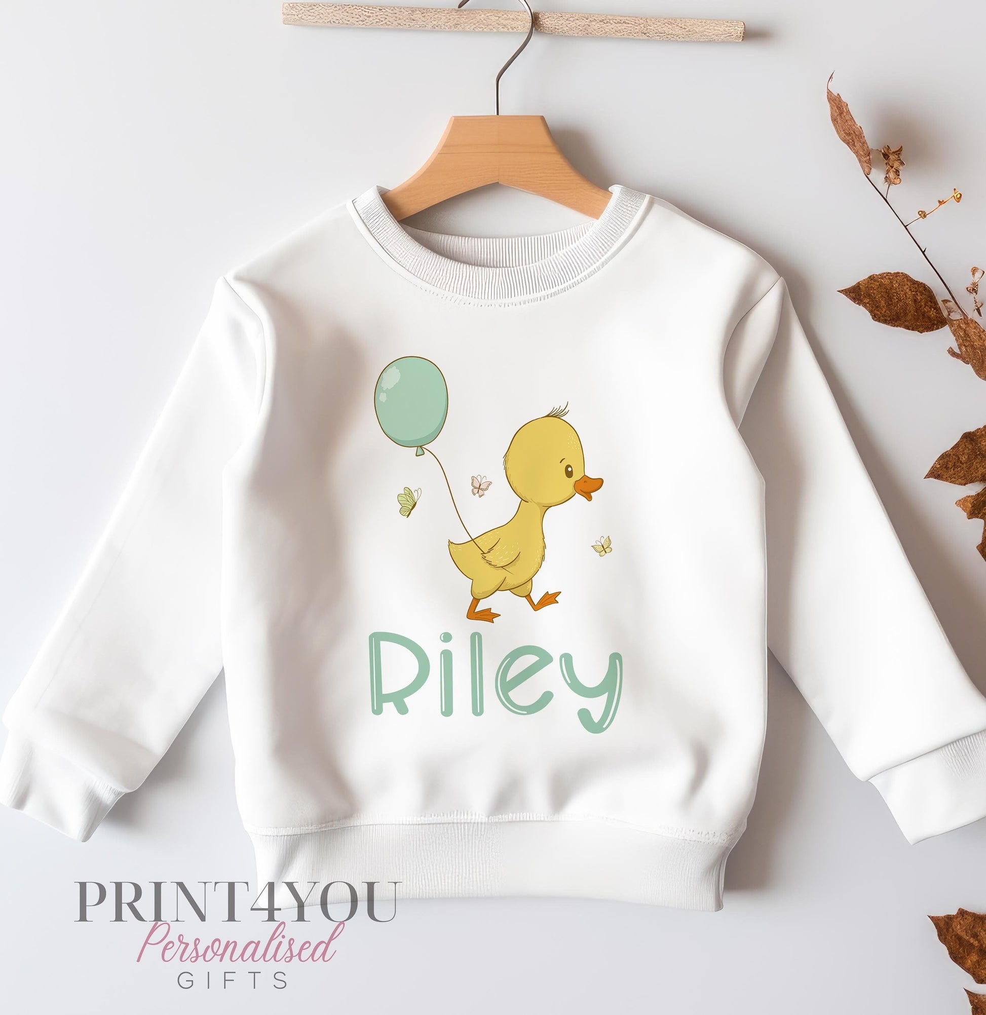 Personalised Sweatshirt Jumper For Children. White Cotton Sweatshirt – Yellow Duck with Balloon and name - 6-12  months