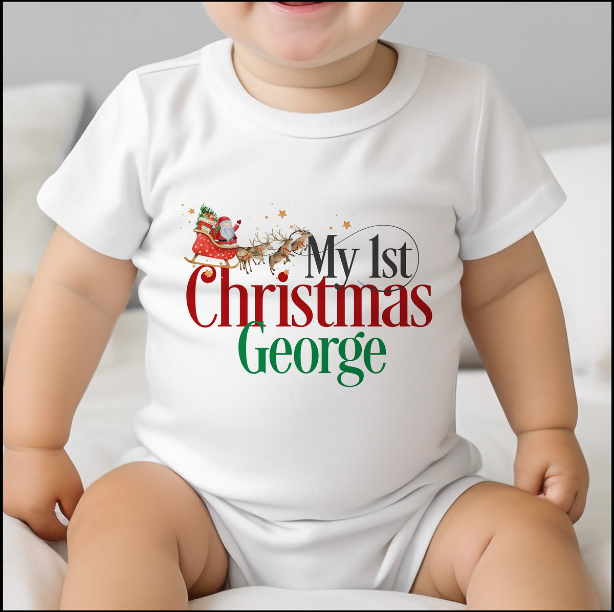 Personalised Santa sleigh vest for baby's first Christmas, front view showing custom name