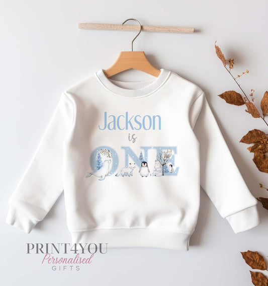 Personalised First Birthday Jumper, Birthday Sweatshirt for Children, I am One, Blue arctic winter animals, penguin Polar Bear Owl White Fox - 6-12m SWEATSHIRT