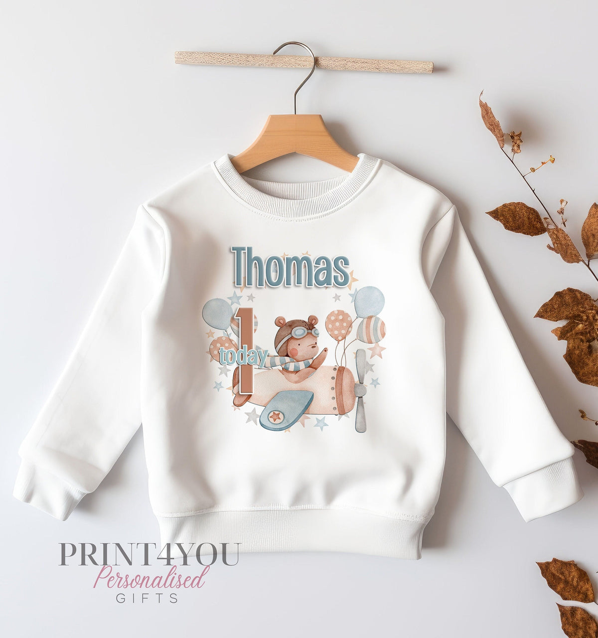 Personalised Sweatshirt Jumper For Children. White Cotton Sweatshirt – Teddy Bear Airplane (any age) and name First Second birthday - 6-12  months