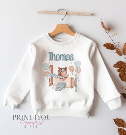Personalised Sweatshirt Jumper For Children. White Cotton Sweatshirt – Teddy Bear Airplane (any age) and name First Second birthday - 6-12  months