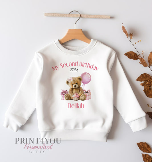 Personalised Second Birthday Jumper, Birthday Sweatshirt for Children, Second 2nd Birthday pink teddy bear - 6-12m SWEATSHIRT