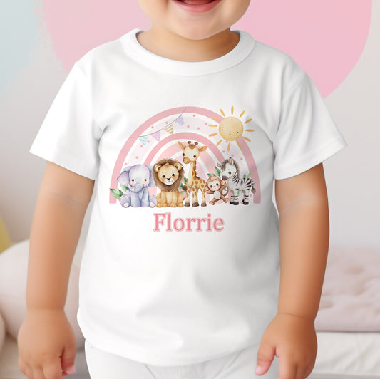 Personalised pink safari rainbow bib in soft white cotton.