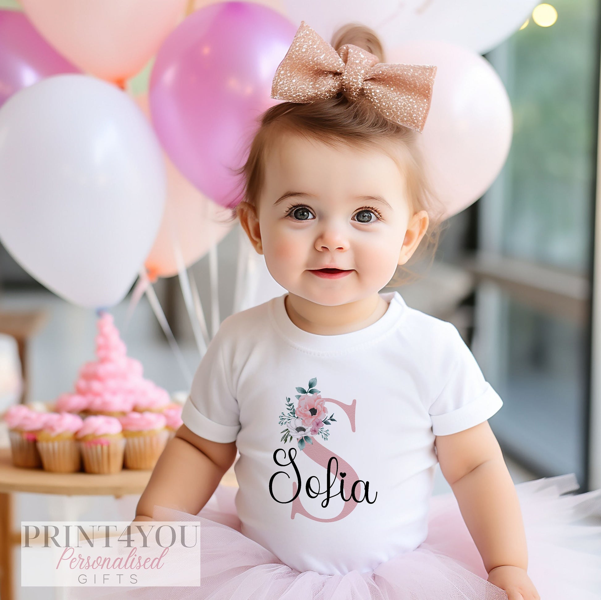 Personalised Baby Girl bib with pink floral name design